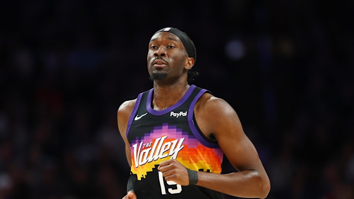 Feb 22, 2026; Phoenix, Arizona, USA; Phoenix Suns center Mark Williams (15) against the Portland Trail Blazers at Mortgage Matchup Center. Mandatory Credit: Mark J. Rebilas-Imagn Images