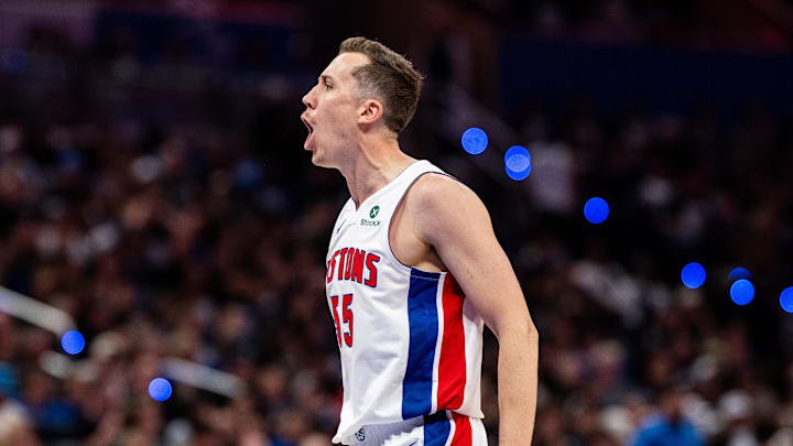 May 1, 2026; Orlando, Florida, USA; Detroit Pistons forward Duncan Robinson (55) celebrates his three pointer agains the Orlando Magic in the fourth quarter during game six of the first round of the 2026 NBA Playoffs at Kia Center. Mandatory Credit: Jeremy Reper-Imagn Images