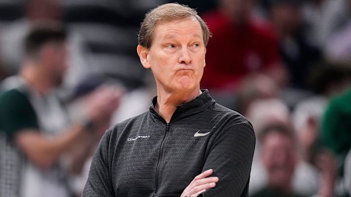 Oregon Ducks head coach Dana Altman reacts to a missed three point basketball Friday, March 14, 2025, during the third round of the men's Big Ten tournament at Gainbridge Fieldhouse in Indianapolis. Oregon Ducks head coach Dana Altman reacts to a missed three point basketball Friday, March 14, 2025, during the third round of the men's Big Ten tournament at Gainbridge Fieldhouse in Indianapolis.
