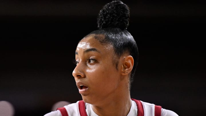 Mar 22, 2025; Los Angeles, California, USA; USC Trojans guard JuJu Watkins (12) during the second quarter of an NCAA Tournament game against the UNC Greensboro Spartans at Galen Center. Mandatory Credit: Robert Hanashiro-Imagn Images