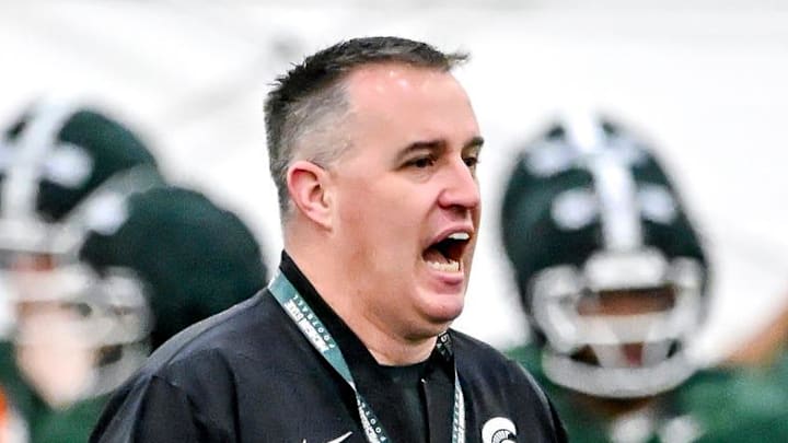 Michigan State's head coach Pat Fitzgerald calls out to players during spring football practice on Tuesday, March 24, 2026, in East Lansing.