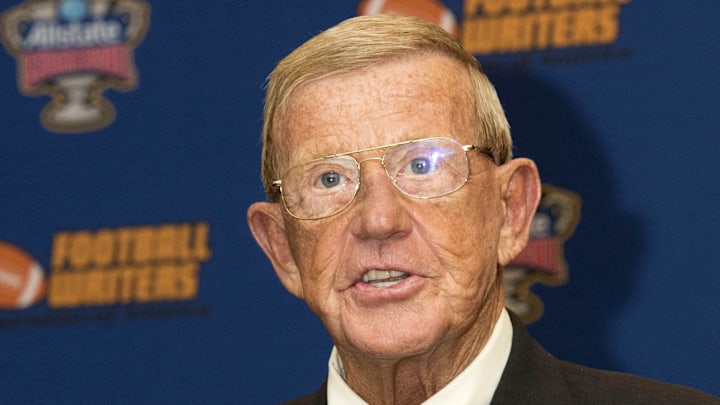 Jan 10, 2015; Arlington, TX, USA; Two time Eddie Robinson Coach of the Year recipient Lou Holtz speaks during Eddie Robinson Coach of the Year press conference at Renaissance Hotel Dallas.