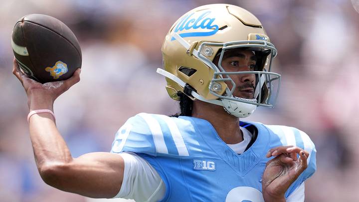 May 2, 2026; Pasadena, CA, USA; UCLA Bruins quarterback Nico Iamaleava (9) throws the ball during the spring game at Rose Bowl. Mandatory Credit: Kirby Lee-Imagn Images