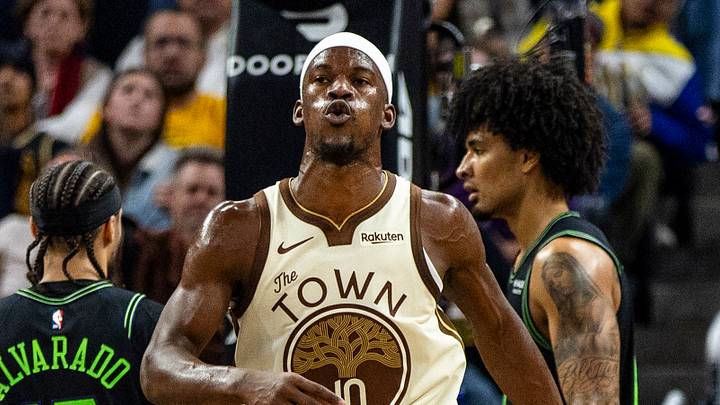 Nov 29, 2025; San Francisco, California, USA; Golden State Warriors forward Jimmy Butler III (10) reacts after a flagrant foul by New Orleans Pelicans guard Micah Peavy (14) during the second quarter at Chase Center. Mandatory Credit: John Hefti-Imagn Images