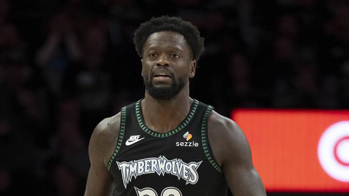 Apr 30, 2026; Minneapolis, Minnesota, USA; Minnesota Timberwolves forward Julius Randle (30) dribbles the ball against the Denver Nuggets in the first half during game six of the first round of the 2026 NBA Playoffs at Target Center. Mandatory Credit: Jesse Johnson-Imagn Images