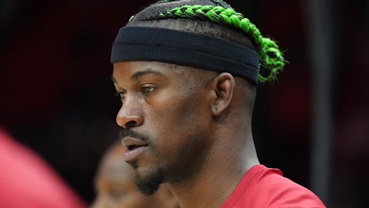 Jan 2, 2025; Miami, Florida, USA; Miami Heat forward Jimmy Butler (22) warms-up before the game against the Indiana Pacers at Kaseya Center. Mandatory Credit: Jim Rassol-Imagn Images Jan 2, 2025; Miami, Florida, USA; Miami Heat forward Jimmy Butler (22) warms-up before the game against the Indiana Pacers at Kaseya Center. Mandatory Credit: Jim Rassol-Imagn Images