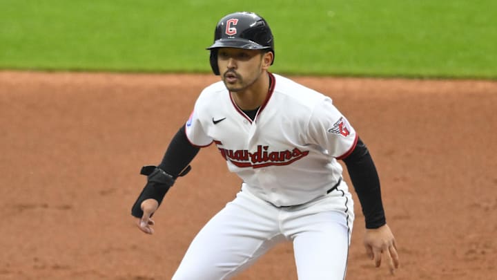 May 12, 2026; Cleveland, Ohio, USA; Cleveland Guardians left fielder Steven Kwan (38) takes a lead off first base in the first inning against the Los Angeles Angels at Progressive Field. Mandatory Credit: David Richard-Imagn Images May 12, 2026; Cleveland, Ohio, USA; Cleveland Guardians left fielder Steven Kwan (38) takes a lead off first base in the first inning against the Los Angeles Angels at Progressive Field. Mandatory Credit: David Richard-Imagn Images