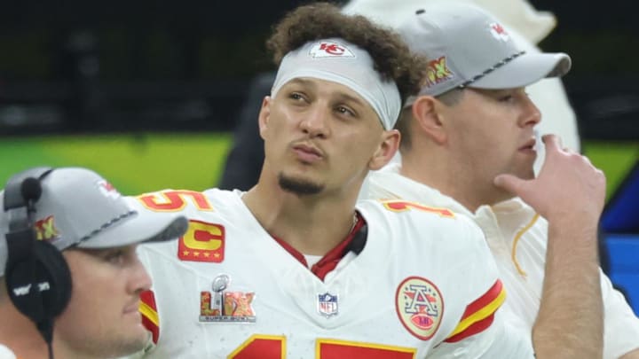 Feb 9, 2025; New Orleans, LA, USA; Kansas City Chiefs quarterback Patrick Mahomes (15) reacts from the sideline in the second half against the Philadelphia Eagles in Super Bowl LIX at Ceasars Superdome. Mandatory Credit: Stephen Lew-Imagn Images Feb 9, 2025; New Orleans, LA, USA; Kansas City Chiefs quarterback Patrick Mahomes (15) reacts from the sideline in the second half against the Philadelphia Eagles in Super Bowl LIX at Ceasars Superdome. Mandatory Credit: Stephen Lew-Imagn Images