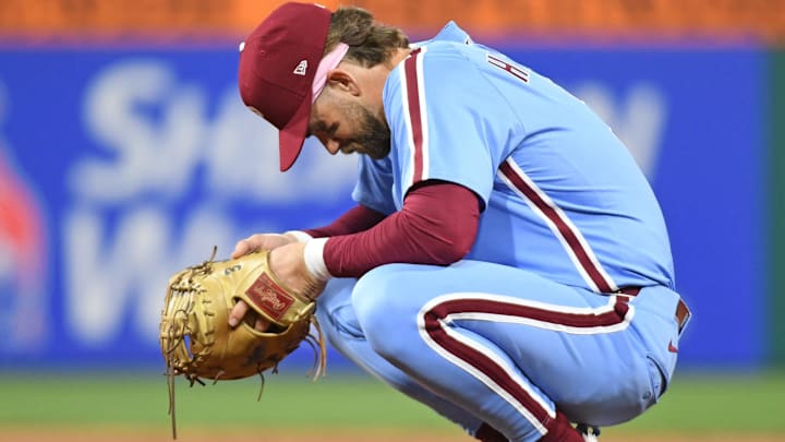 May 1, 2025; Philadelphia, Pennsylvania, USA; Philadelphia Phillies first base Bryce Harper (3) during as time out during the seventh inning against the Washington Nationals at Citizens Bank Park May 1, 2025; Philadelphia, Pennsylvania, USA; Philadelphia Phillies first base Bryce Harper (3) during as time out during the seventh inning against the Washington Nationals at Citizens Bank Park
