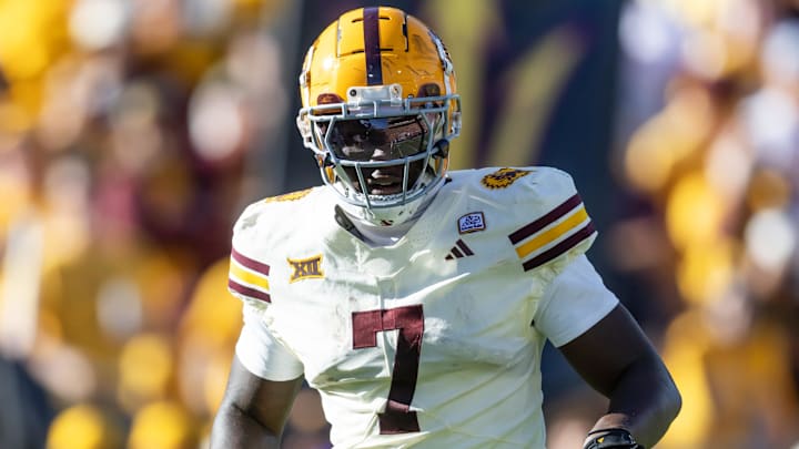 Oct 18, 2025; Tempe, Arizona, USA; Arizona State Sun Devils tight end Chamon Metayer (7) against the Texas Tech Red Raiders at Mountain America Stadium. Mandatory Credit: Mark J. Rebilas-Imagn Images