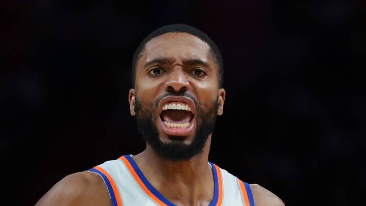 Miami, Florida, USA; New York Knicks guard Mikal Bridges (25) reacts against the Miami Heat during the first quarter at Kaseya Center on Oct 26, 2025.