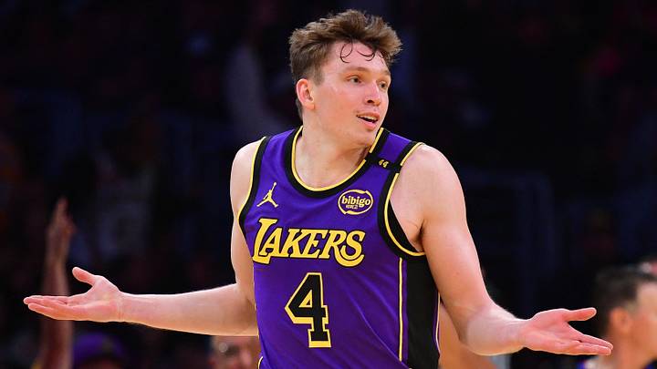 Nov 19, 2024; Los Angeles, California, USA; Los Angeles Lakers guard Dalton Knecht (4) react after scoring a three point basket against the Utah Jazz during the second half at Crypto.com Arena. Mandatory Credit: Gary A. Vasquez-Imagn Images Nov 19, 2024; Los Angeles, California, USA; Los Angeles Lakers guard Dalton Knecht (4) react after scoring a three point basket against the Utah Jazz during the second half at Crypto.com Arena. Mandatory Credit: Gary A. Vasquez-Imagn Images