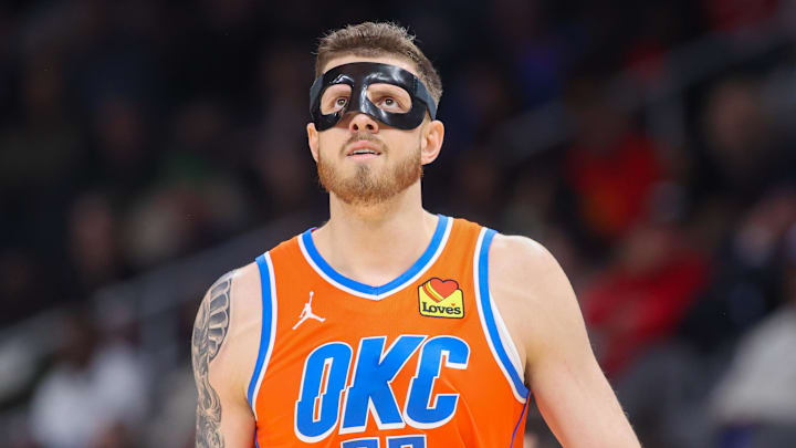 Feb 28, 2025; Atlanta, Georgia, USA; Oklahoma City Thunder center Isaiah Hartenstein (55) in action against the Atlanta Hawks in the second quarter at State Farm Arena. Mandatory Credit: Brett Davis-Imagn Images
