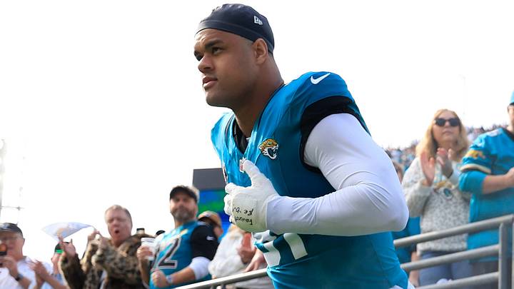 Jacksonville Jaguars defensive tackle Arik Armstead (91) is introduced before an NFL football AFC Wild Card playoff matchup, Sunday, Jan. 11, 2026, in Jacksonville, Fla. The Bills defeated the Jaguars 27-24. [Corey Perrine/Florida Times-Union]