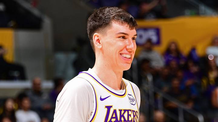 Jake Laravia #12 of the Los Angeles Lakers smiles during the game against the Utah Jazz. (Photo by Adam Pantozzi/NBAE via Getty Images) Jake Laravia #12 of the Los Angeles Lakers smiles during the game against the Utah Jazz. (Photo by Adam Pantozzi/NBAE via Getty Images)
