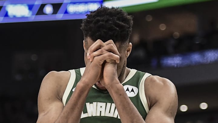 Milwaukee Bucks forward Giannis Antetokounmpo (34) reacts in the fourth quarter during the game against the Detroit Pistons at Fiserv Forum on January 3, 2022.