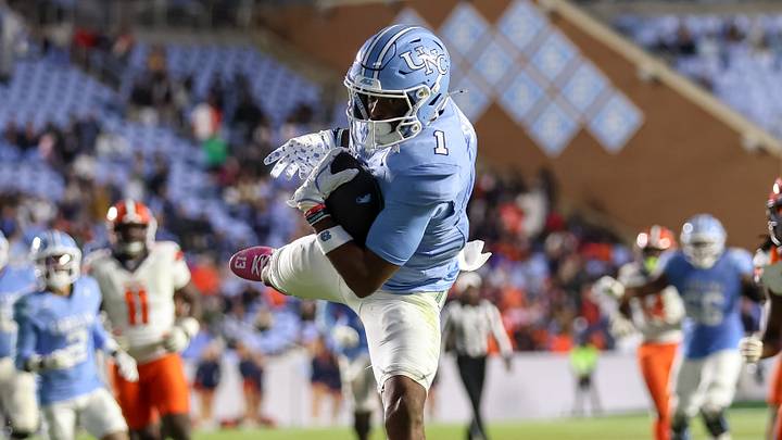 Oct 24, 2026; Chapel Hill, North Carolina, USA;  North Carolina Tar Heels wide receiver Jordan Shipp (1) makes a catch against Syracuse Orange during overtime at Kenan Stadium.  Mandatory Credit: Cory Knowlton-Imagn Images