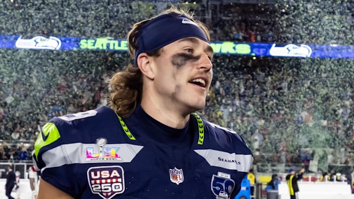 Feb 8, 2026; Santa Clara, CA, USA; Seattle Seahawks wide receiver Jake Bobo (19) celebrates after defeating the New England Patriots during Super Bowl LX at Levi's Stadium. Mandatory Credit: Mark J. Rebilas-Imagn Images