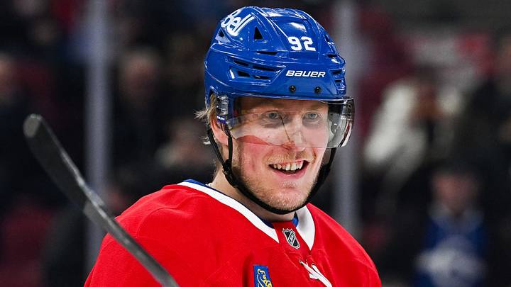 Jan 28, 2025; Montreal, Quebec, CAN; Montreal Canadiens right wing Patrik Laine (92) looks on during warm-up before the game against the Winnipeg Jets at Bell Centre. Mandatory Credit: David Kirouac-Imagn Images