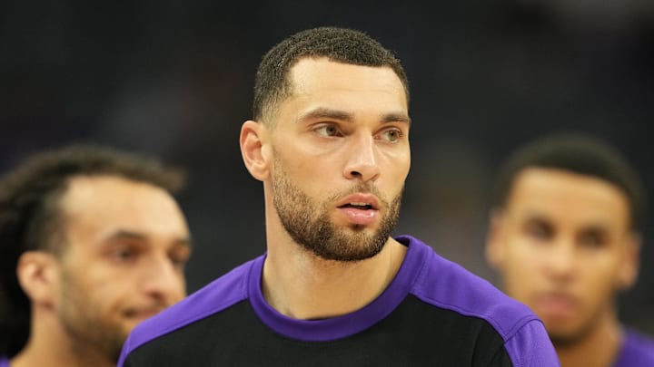 Apr 11, 2025; Sacramento, California, USA; Sacramento Kings guard Zach LaVine (8) before the game against the Los Angeles Clippers at Golden 1 Center. Mandatory Credit: Darren Yamashita-Imagn Images