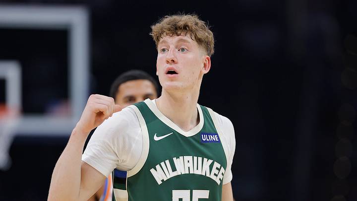 Milwaukee Bucks guard Kasparas Jakucionis (25) gestures towards his team bench before a play against the Oklahoma City Thunder during the first half of a preseason game at Paycom Center on October 7, 2026.