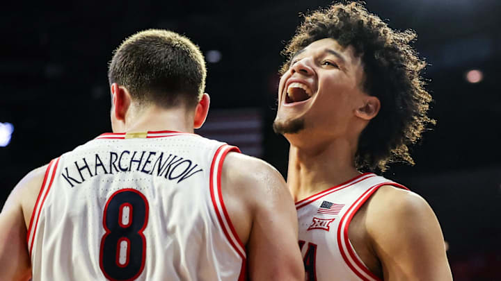 Dec 29, 2025; Tucson, Arizona, USA; Arizona Wildcats forward Ivan Kharchenkov (8) celebrates with guard Brayden Burries (5) during the second half of the game against the South Dakota State Jackrabbits at McKale Memorial Center. Mandatory Credit: Aryanna Frank-Imagn Images Dec 29, 2025; Tucson, Arizona, USA; Arizona Wildcats forward Ivan Kharchenkov (8) celebrates with guard Brayden Burries (5) during the second half of the game against the South Dakota State Jackrabbits at McKale Memorial Center. Mandatory Credit: Aryanna Frank-Imagn Images