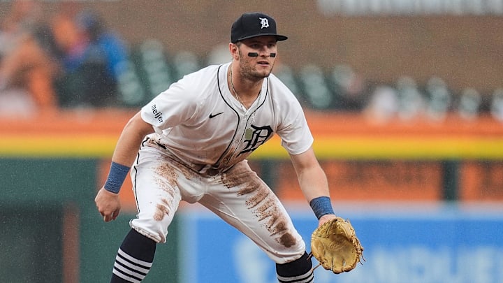 Detroit Tigers third base Jace Jung (17) watches a play against Chicago White Sox during the seventh inning at Comerica Park in Detroit on Saturday, Sept. 28, 2024.