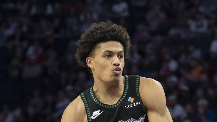Apr 12, 2026; Minneapolis, Minnesota, USA; Minnesota Timberwolves forward Joan Beringer (19) dribbles the ball against the New Orleans Pelicans in the second half at Target Center. Mandatory Credit: Jesse Johnson-Imagn Images