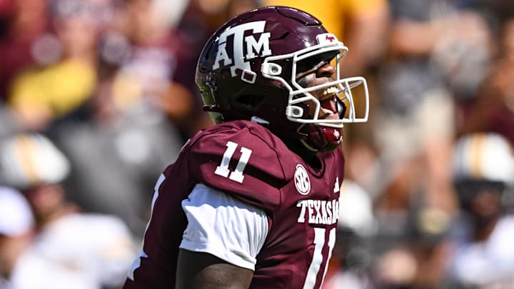 Oct 5, 2024; College Station, Texas, USA; Texas A&M Aggies defensive lineman Nic Scourton (11) reacts after sacking Missouri Tigers quarterback Brady Cook (not pictured) in the first quarter at Kyle Field. Mandatory Credit: Maria Lysaker-Imagn Images. 