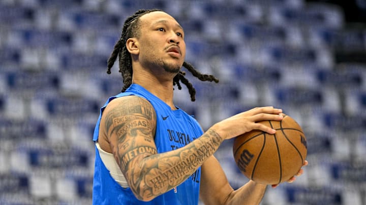 May 13, 2024; Dallas, Texas, USA; Oklahoma City Thunder forward Jaylin Williams (6) warms up before the game between the Dallas Mavericks and the Oklahoma City Thunder in game four of the second round for the 2024 NBA playoffs at American Airlines Center. Mandatory Credit: Jerome Miron-Imagn Images