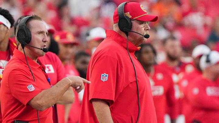 Aug 22, 2024; Kansas City, Missouri, USA; Kansas City Chiefs defensive coordinator Steve Spagnuolo, left and head coach Andy Reid watch play against the Chicago Bears during the game at GEHA Field at Arrowhead Stadium. Mandatory Credit: Denny Medley-USA TODAY Sports Aug 22, 2024; Kansas City, Missouri, USA; Kansas City Chiefs defensive coordinator Steve Spagnuolo, left and head coach Andy Reid watch play against the Chicago Bears during the game at GEHA Field at Arrowhead Stadium. Mandatory Credit: Denny Medley-USA TODAY Sports