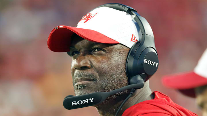Aug 9, 2025; Tampa, Florida, USA; Tampa Bay Buccaneers head coach Todd Bowles looks on against the Tennessee Titans during the first half at Raymond James Stadium. Mandatory Credit: Kim Klement Neitzel-Imagn Images