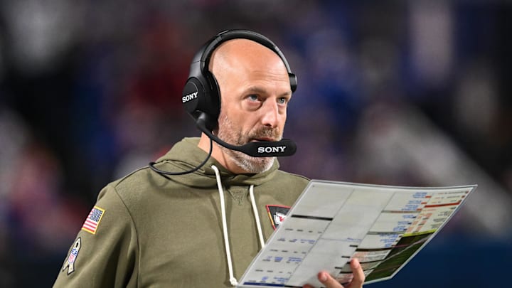 Nov 2, 2025; Orchard Park, New York, USA; Kansas City Chiefs offensive coordinator Matt Nagy looks on during the third quarter against the Buffalo Bills at Highmark Stadium. Mandatory Credit: Mark Konezny-Imagn Images