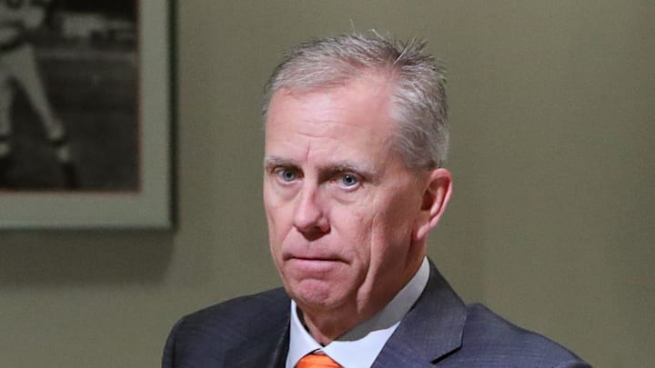 Cleveland Browns head coach Todd Monken chats with reporters after his introductory press conference.