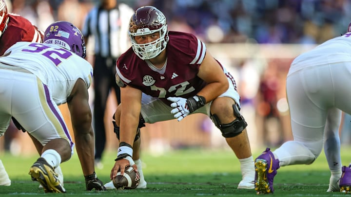 Mississippi State Bulldogs offensive lineman Canon Boone (72) gets set for a play against the Alcorn State Braves during the first quarter at Davis Wade Stadium at Scott Field.