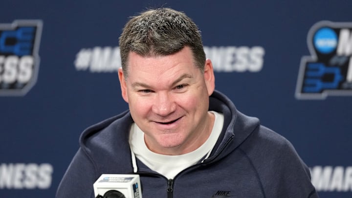 Mar 19, 2026; San Diego, CA, USA; Arizona Wildcats head coach Tommy Lloyd during a press conference ahead of the first round of the men's 2026 NCAA Tournament at Viejas Arena. Mandatory Credit: Kirby Lee-Imagn Images