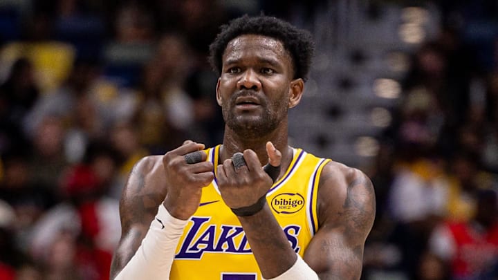 Jan 6, 2026; New Orleans, Louisiana, USA;  Los Angeles Lakers center Deandre Ayton (5) reacts to a play against the New Orleans Pelicans during the second half at Smoothie King Center. Mandatory Credit: Stephen Lew-Imagn Images
