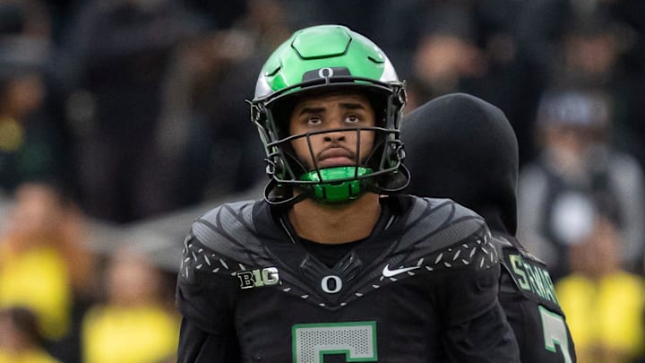 Oregon Ducks quarterback Dante Moore looks toward the scoreboard as the Oregon Ducks host the Indiana Hoosiers Oct. 11, 2025, at Autzen Stadium in Eugene, Oregon.