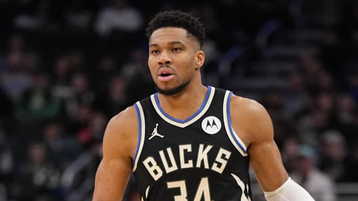 Jan 23, 2026; Milwaukee, Wisconsin, USA;  Milwaukee Bucks forward Giannis Antetokounmpo (34) during the game against the Denver Nuggets at Fiserv Forum. Mandatory Credit: Jeff Hanisch-Imagn Images