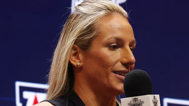 Oct 21, 2025; Kansas City, MO, USA; Arizona head coach Becky Burke speaks to media during Big 12 Womenís Basketball Media Day at T-Mobile Center. Mandatory Credit: Sophia Scheller-Imagn Images Oct 21, 2025; Kansas City, MO, USA; Arizona head coach Becky Burke speaks to media during Big 12 Womenís Basketball Media Day at T-Mobile Center. Mandatory Credit: Sophia Scheller-Imagn Images