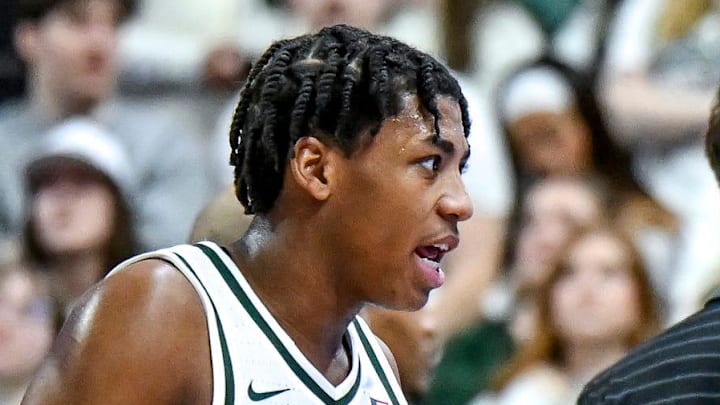 Michigan State's head coach Tom Izzo, right, talks with Jeremy Fears Jr. during the first half in the game against Maryland on Saturday, Jan. 24, 2026, at the Breslin Center in East Lansing.