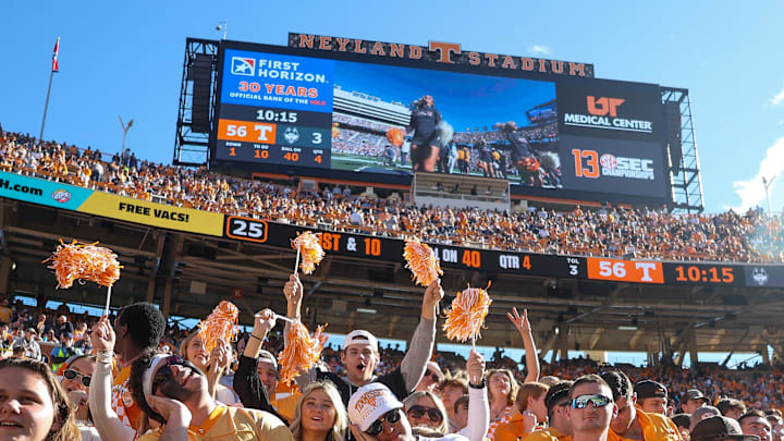 Nov 4, 2023; Knoxville, Tennessee, USA; Tennessee Volunteers fans during the second half against the Connecticut Huskies at Neyland Stadium. Mandatory Credit: Randy Sartin-USA TODAY Sports
