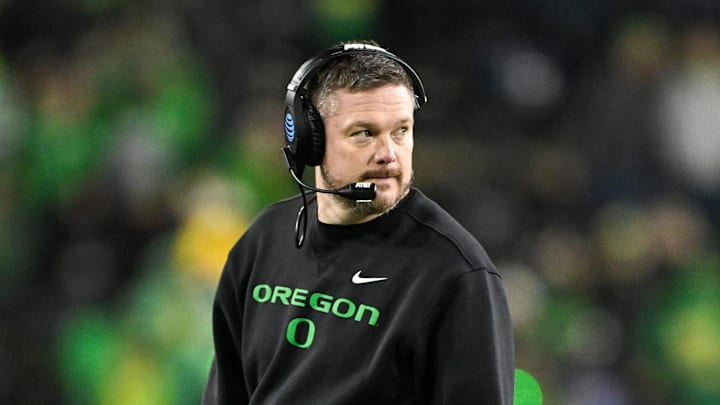 Dec 20, 2025; Eugene, OR, USA; Oregon Ducks head coach Dan Lanning looks on during the fourth quarter against the James Madison Dukes at Autzen Stadium. Mandatory Credit: Craig Strobeck-Imagn Images Dec 20, 2025; Eugene, OR, USA; Oregon Ducks head coach Dan Lanning looks on during the fourth quarter against the James Madison Dukes at Autzen Stadium. Mandatory Credit: Craig Strobeck-Imagn Images