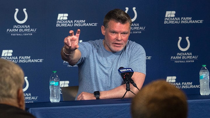 Indianapolis Colts General Manager Chris Ballard speaks to the press in a pre-draft press conference Monday, April 21, 2025 at the Colts headquarters, the Indiana Farm Bureau Football Center.