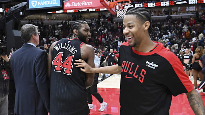 Jan 27, 2025; Chicago, Illinois, USA; Chicago Bulls forward Patrick Williams (44) and forward Dalen Terry (25) after a game against the Denver Nuggets at the United Center. Mandatory Credit: Matt Marton-Imagn Images Jan 27, 2025; Chicago, Illinois, USA; Chicago Bulls forward Patrick Williams (44) and forward Dalen Terry (25) after a game against the Denver Nuggets at the United Center. Mandatory Credit: Matt Marton-Imagn Images