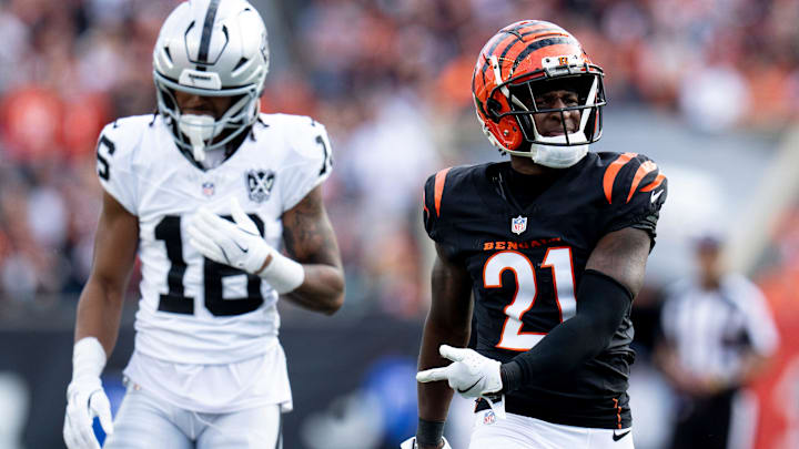 Cincinnati Bengals cornerback Mike Hilton (21) gestures after tackling Las Vegas Raiders wide receiver Tre Tucker (11) in the third quarter of the NFL game at Paycor Stadium in Cincinnati on Sunday, Nov. 3, 2024.