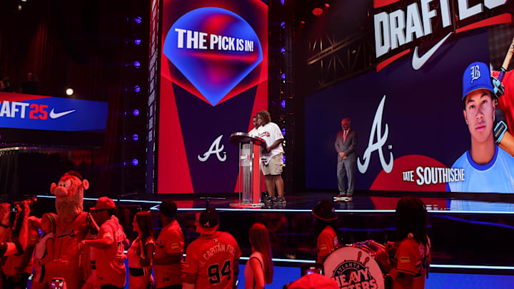 Jul 13, 2025; Atlanta, GA, USA; Tate Southisene is drafted by the Atlanta Braves with the 22nd pick during the first round of the MLB Draft at The Coca-Cola Roxy. Mandatory Credit: Brett Davis-Imagn Images Jul 13, 2025; Atlanta, GA, USA; Tate Southisene is drafted by the Atlanta Braves with the 22nd pick during the first round of the MLB Draft at The Coca-Cola Roxy. Mandatory Credit: Brett Davis-Imagn Images