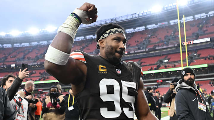 Dec 28, 2025; Cleveland, Ohio, USA; Cleveland Browns defensive end Myles Garrett (95) exits the field after the game against the Pittsburgh Steelers at Huntington Bank Field. Mandatory Credit: Ken Blaze-Imagn Images