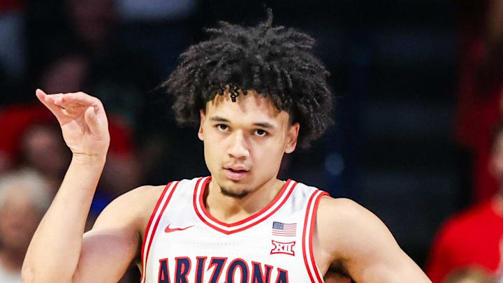 Feb 28, 2026; Tucson, Arizona, USA; Arizona Wildcats guard Brayden Burries (5) celebrates during the first half of the game against the Kansas Jayhawks at McKale Memorial Center. Mandatory Credit: Aryanna Frank-Imagn Images