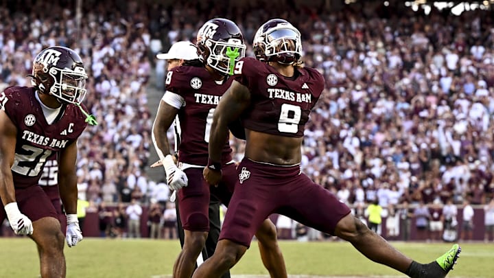 Texas A&M Aggies defensive end Cashius Howell (9) reacts after a sack during the fourth quarter against the Auburn Tigers at Kyle Field.